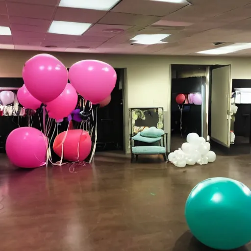 Prompt: photo of the backrooms liminal space with balloons