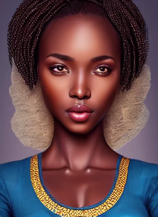 Image similar to a gorgeous african female photo, professionally retouched, soft lighting, realistic, smooth face, full body shot, torso, dress, perfect eyes, sharp focus on eyes, 8 k, high definition, insanely detailed, intricate, elegant, art by artgerm and jason chan