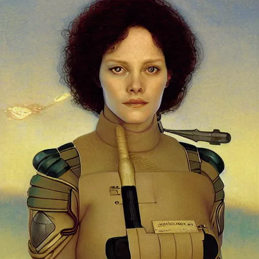 Image similar to masterpiece full body portrait Ripley on Dune, by Edgar Maxence and Ross Tran and Michael Whelan and Gustav Klimpt