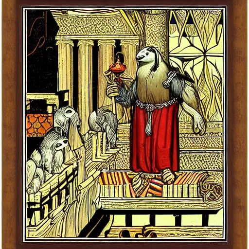 Image similar to sloth as the king of cups, framed, intricate details, medieval art style, high contrast, posterized