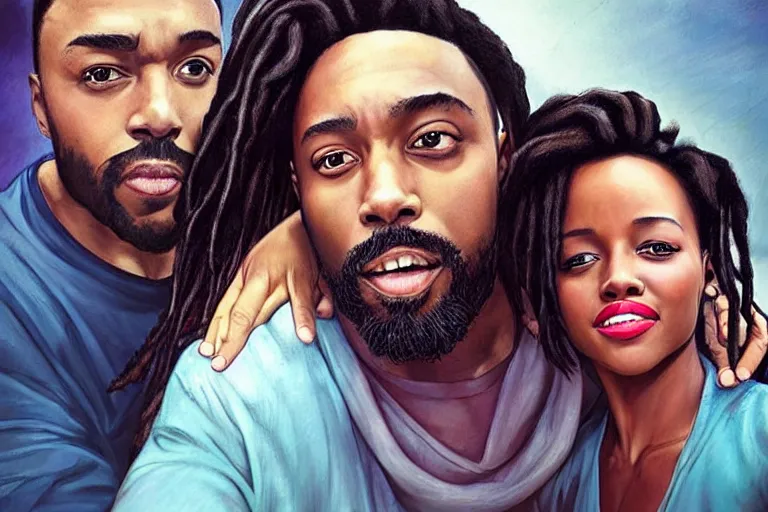 Prompt: a south african girl with medium length dreadlock hair, and a short - bearded mixed race man with short curly hair, in love selfie, lupita nyong'o, chadwick aaron boseman, artgerm, rhads, ross draws