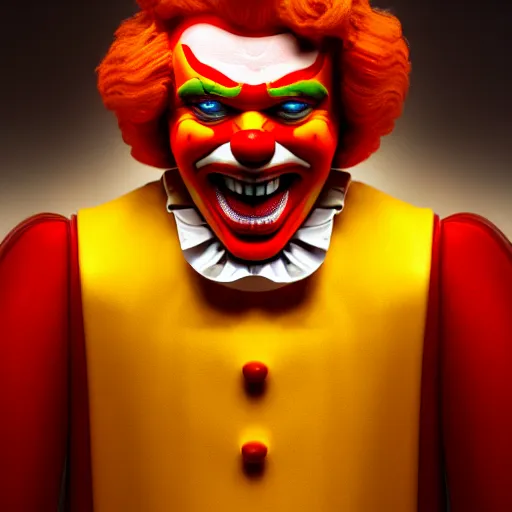 Prompt: the evil, horrible version of Ronald McDonald, epic full shot, cinematic lighting, matte painting, Artstationhd, 8k, award winning on Artstation, hyper detailed, hyper realistic