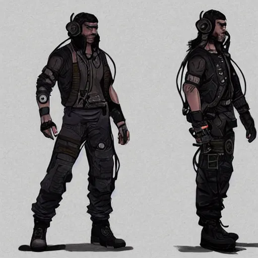 Image similar to Dangerous Hector. Buff cyberpunk mercenary wearing a cyberpunk headset, military vest, and jumpsuit. Square face. Concept art by Sherree Valintine Daines. ArtstationHQ. Creative character design for cyberpunk 2077.