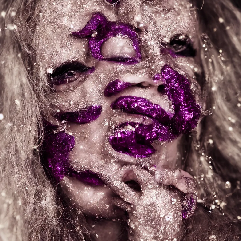 Image similar to close up portrait of a mysterious humanoid, violet silk threads, venetian masks, ruby mouth gags, fashion magazine, portrait photography, annie leibovitz, david lazar, 1 0 5 mm, in winter, 8 k hd, detailed