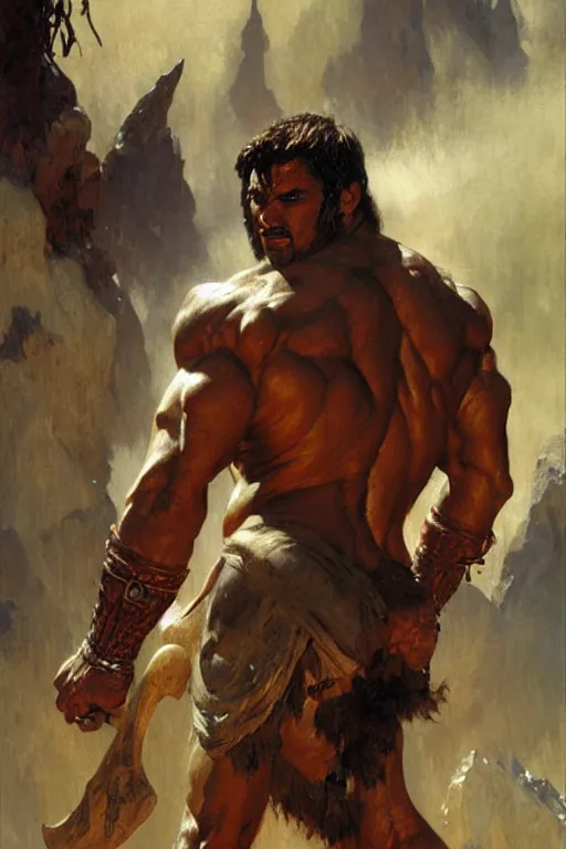 Image similar to Male, muscular warrior fighting devil, detailed face, correct face, painting by Gaston Bussiere, Craig Mullins