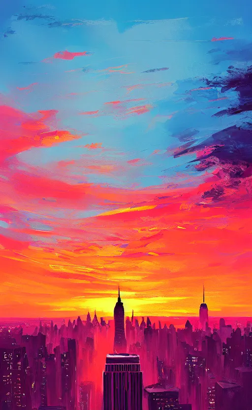 Prompt: a beautiful illustration new york at sunset, art of alena aenami, featured on artstation, vertical orientation, paint brush strokes, expressionism, brushstroke - laden, crimson hue