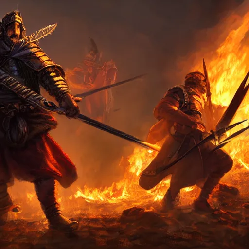 Image similar to adventurer with many weapons strapped to back surrounded by fire, D&D character, 4k, dramatic lighting, incredibly detailed