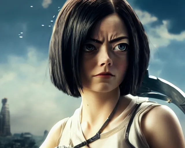 Image similar to a film still from battle angel alita played by actress emma stone, portrait, cinematic lighting, photorealistic, hyperrealistic, highly detailed, photorealistic, high resolution, 4 k