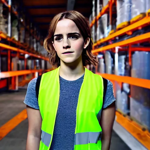 Image similar to photo, close up, emma watson in a hi vis vest, in warehouse, android cameraphone, still from industrial training video, 2 6 mm,