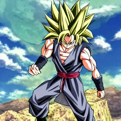 Image similar to an anime image in the style of dragonball. it is of a man and a dragon, the figure looming above a rocky, barren landscape. the warrior is in tattered robes, his hair and beard done up in a style that looks somewhat elvis - like.