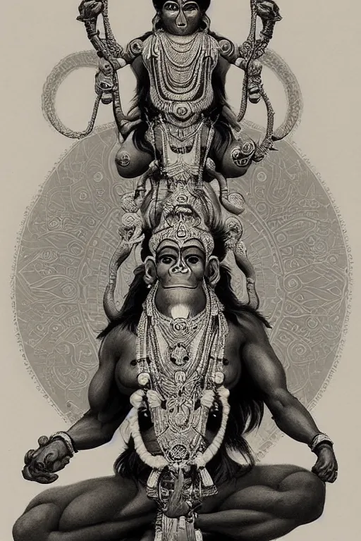 Image similar to a full body portrait of a beautiful ornated hanuman god, meditative sacral pose, hindu stages of meditation, intricate, elegant, highly detailed, line art!!!!, artstation, concept art, smooth, sharp focus, illustration, art by krenz cushart and artem demura and alphonse mucha