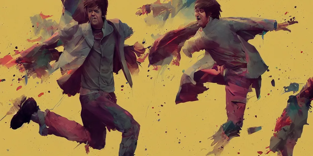 Image similar to cartoonish paul mccartney running, vivid colors, character sheet, fine details, concept design, contrast, kim jung gi, greg rutkowski, trending on artstation, 8 k, full body, turnaround, front view, back view, ultra wide angle