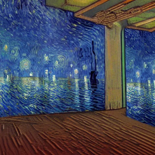 Prompt: oil painting of a flooded ship interior, light scatter, van gogh