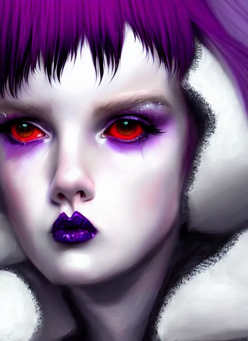 Image similar to portrait of white teenage girl, normal face, white bangs, mall goth, cyberlox, black and white hair, bangs, fluffy bangs, red contact lenses, purple lipstick, intricate, elegant, highly detailed, digital painting, artstation, concept art, sharp focus, smooth, illustration, art by wlop, mars ravelo and greg rutkowski