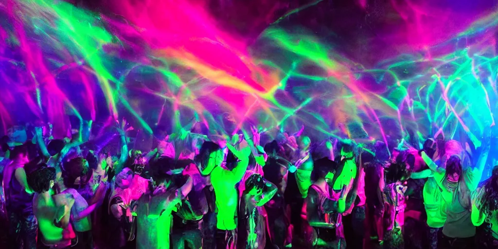 Image similar to love, groups of people with glowing blacklight bodies, from behind, rebirth, beauty, wide angle, elaborate, wet, highly detailed, smoke, steam, rainbow lasers, reflections, vivid colors, beautiful lighting