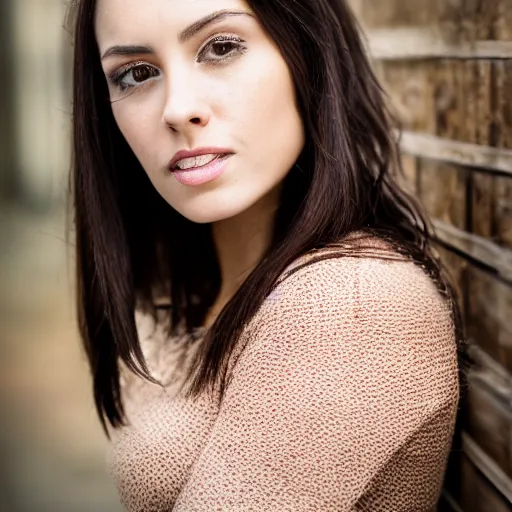 Image similar to portrait photo of a charismatic beautiful brunette female looking into the camera, indoors, f 1. 4, golden ratio, rim light, top light, overcast day