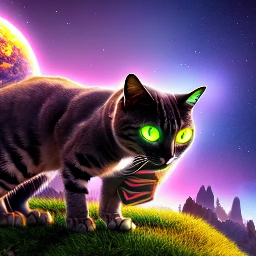 Image similar to gigantic cyborg cat crashes into gothic world planet, fantastic landscape, bright colors, hyperrealism, 4 k resolution, ultra detailed