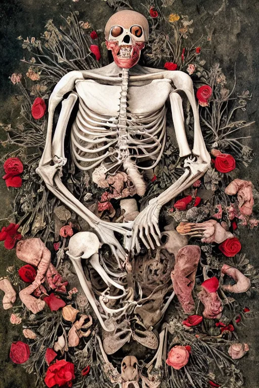 Image similar to anatomical man with large eyes and lips laying in bed of bones of flowers, an existential dread of love, HD Mixed media, highly detailed and intricate, surreal illustration in the style of Caravaggio, baroque dark art