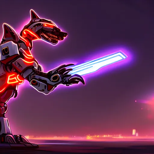 Image similar to highly detailed cinematic shot of a mecha canine, sharp claws, glowing visor, charging through city, digital art, furry art, furaffinity, deviantart, dragon art