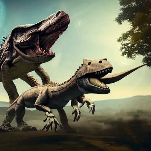 Image similar to real vintage photo, an astronaut riding on a dinosaur, detailed, hyper realistic, 4 k octan render, unreal 5