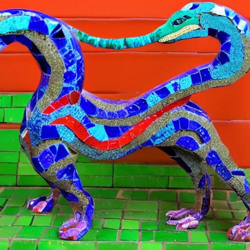 Image similar to mosaic sculpture of a alebrije chimera!!!, irregularly shaped mosaic tiles, hand glazed pottery shards, in the style of folk art, blank background