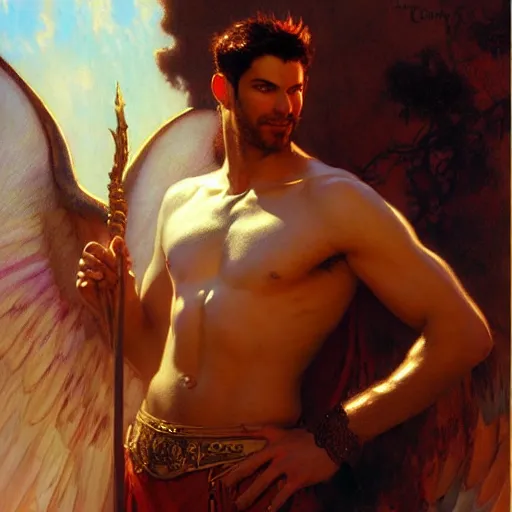 Image similar to attractive male lucifer morning s raising hell unto heaven. highly detailed painting by gaston bussiere, craig mullins, j. c. leyendecker, 8 k
