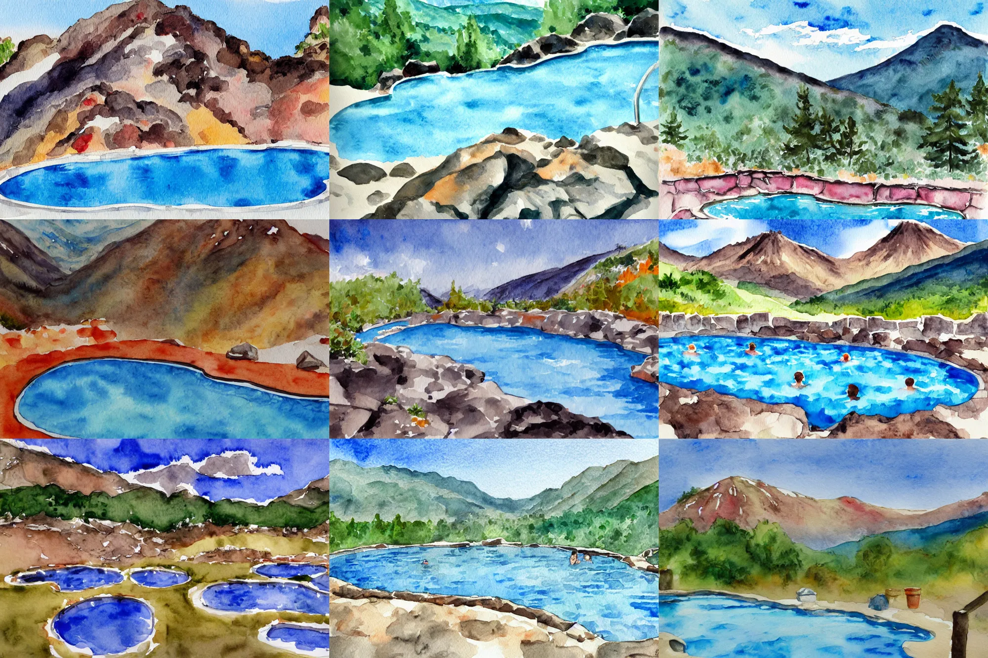 Prompt: volcanic hot springs pool in the mountains, watercolor painting