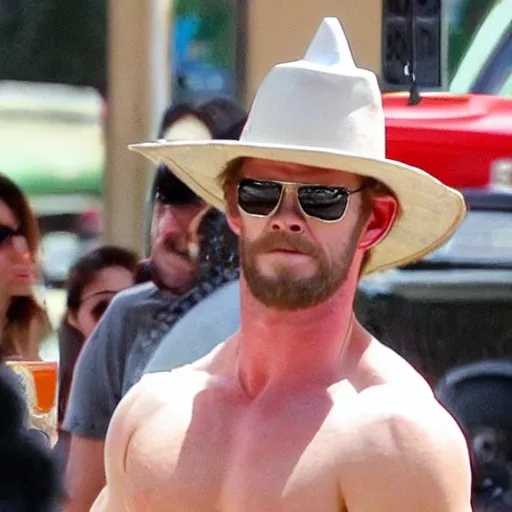 Prompt: Chris Hemsworth wearing a Mexican Sombrero while eating a burrito