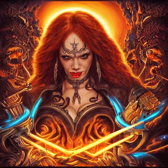 Prompt: gamma ray album cover featuring photo of christina hendricks, power metal album cover, trending on artstation, intricately detailed, highly detailed, classic, award winning