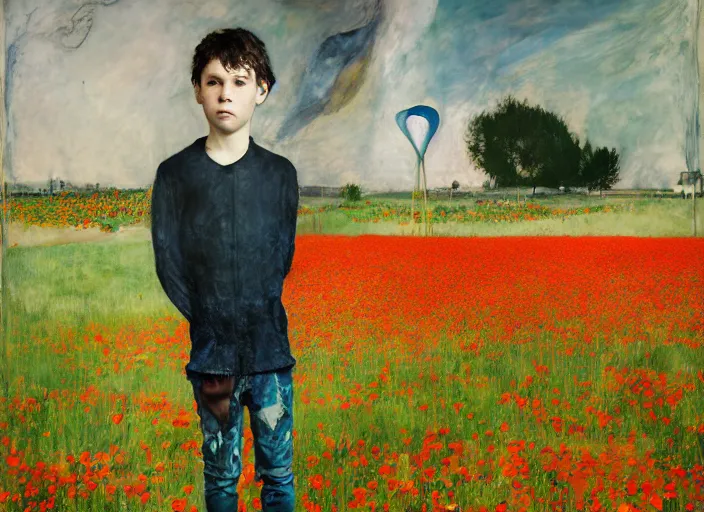 Image similar to portrait of nervous boy with acoustic guitar standing next, field of poppies, hernan bas and pat steir and hilma af klint, psychological, photorealistic, dripping paint, washy brush, rendered in octane, altermodern, masterpiece