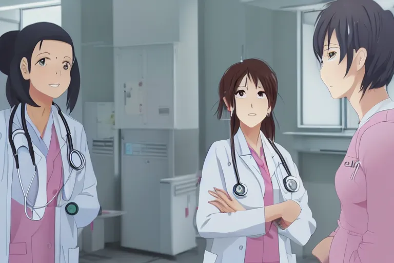 Image similar to a beautiful young female doctor wearing white coat are talking with a nurse wearing pink coat in a hospital ward, highly detailed, 8kHDR, slice of life anime, anime scenery by Makoto shinkai