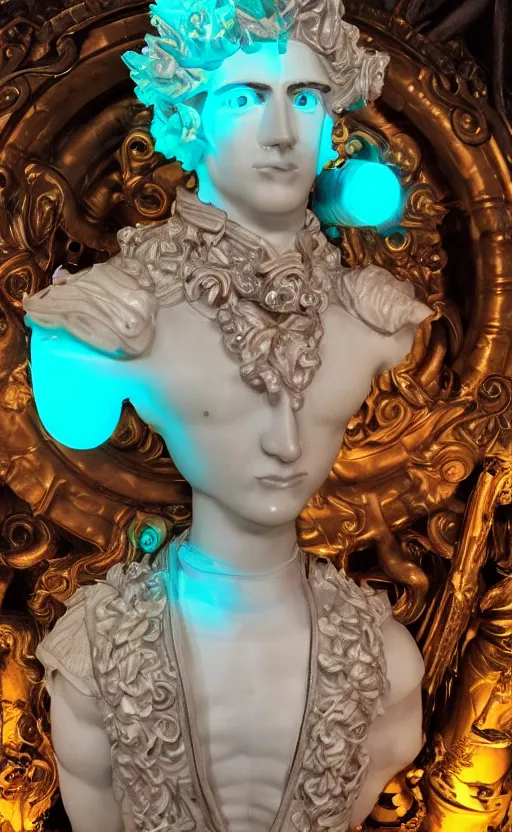 Image similar to a young handsome latino porcelain prince sculpture with a face of a CRT monitor and a large glowing orange crystal in the center of his chest, full-body bronze cyberpunk style statue of Andromeda with glowing green laser eyes, crown of mechanical chrysanthemums, flowing aqua silk, fabric, steampunk flowers. baroque elements, human hands. full-length view. baroque element. intricate artwork by caravaggio. many flying horses on background. Trending on artstation, octane render, cinematic lighting from the right, hyper realism, octane render, 8k, depth of field, 3D