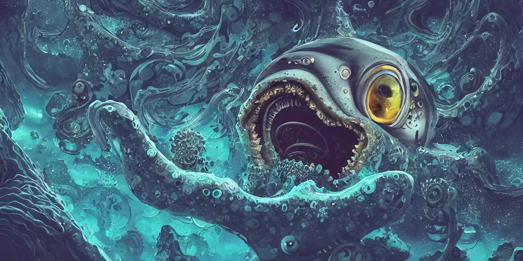 Image similar to of an intricate deep sea with strange cute friendly happy creatures with huge eyes, long tongue, round teeth and goofy funny face, appearing from the background, in the style of gehry and gaudi, macro lens, shallow depth of field, ultra detailed, digital painting, trending artstation, concept art, illustration, cinematic lighting, photorealism, epic, octane render