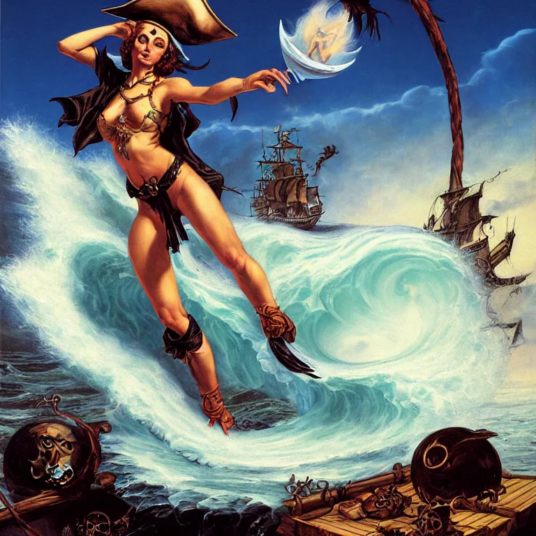 Prompt: a pirate witch summoning a giant wave by mark arian and art frahm and earl moran and fritz willis