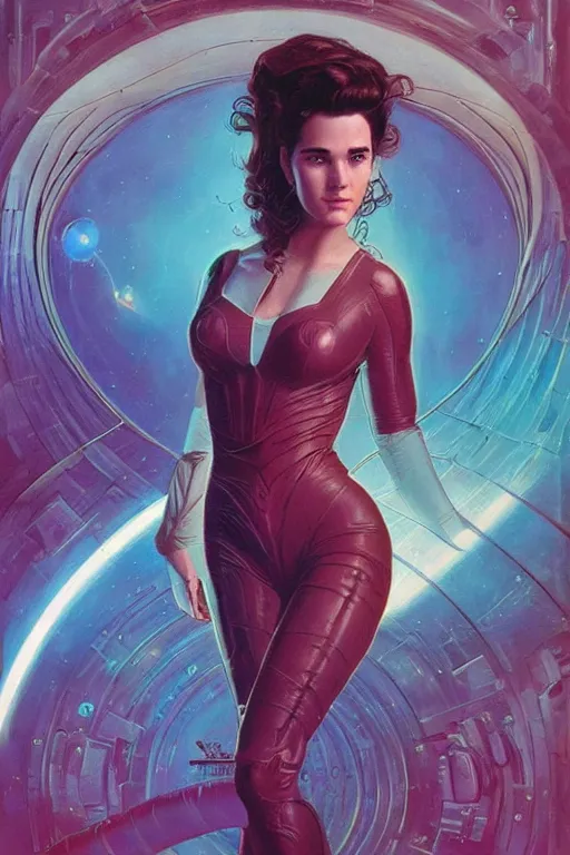 Prompt: young Jennifer Connelly as a stunning , beautiful retro SCI-FI space heroine 1985 , intricate, elegant, highly detailed, centered, digital painting, trending on artstation, concept art, smooth, sharp focus, illustration, art by artgerm and donato giancola and Joseph Christian Leyendecker, Ross Tran, WLOP