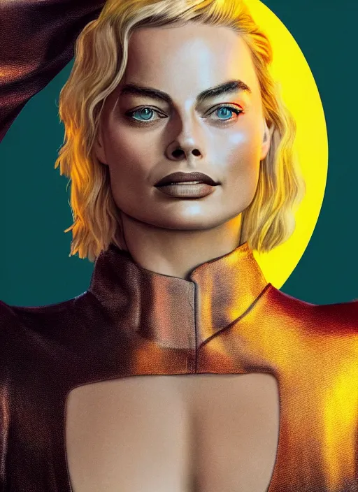 Prompt: detailed Illustration of Margot Robbie in a Solarpunk leather robe, abstract sun in background, full body portrait, shiny skin, soft lighting, sharp details, warm colors, studio portrait, 35 mm film, subsurface scattering, lens flare