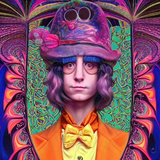 Image similar to dream a portrait of willy wonka, hyper detailed masterpiece, neon geometric floral pattern, jean giraud and amanda sage, digital art painting, darkwave goth aesthetic, psychedelic, artgerm, donato giancola, studio ghibli and tom bagshaw