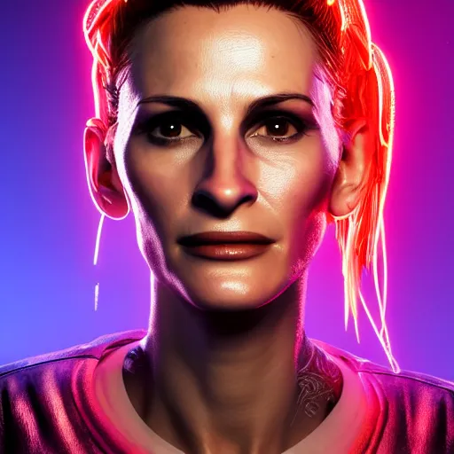 Prompt: julia roberts portrait, cyberpunk 2 0 7 7, cyberpunk v, rogue amendiares, photorealistic, ultra detailed, neon, octane, bokeh, cinematic lighting, cyber, cyberpunk city, studio quality, feature, scars, cyberface, 8 k