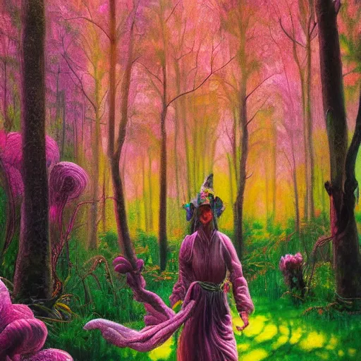 Prompt: a pink mage walking through a lush psychedelic forest, oil painting, by martin wiegand