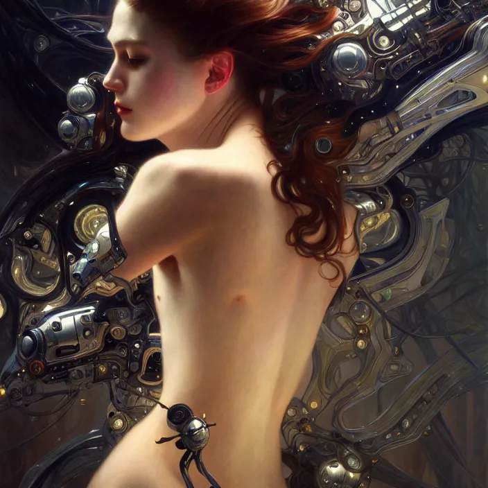 Prompt: liquid cyborg, black oil, diffuse lighting, fantasy, intricate, elegant, highly detailed, lifelike, photorealistic, digital painting, artstation, illustration, concept art, smooth, sharp focus, art by john collier and albert aublet and krenz cushart and artem demura and alphonse mucha