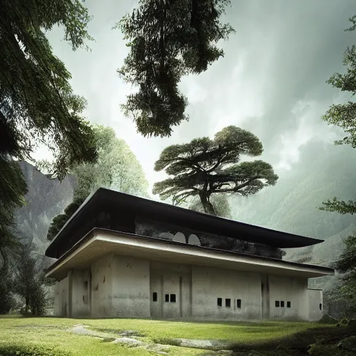 Image similar to modernist house inspired by a tibetan palace, overlooking a valley, big trees, clouds, dramatic lighting, artstation, matte painting, raphael lacoste, simon stalenhag, frank lloyd wright