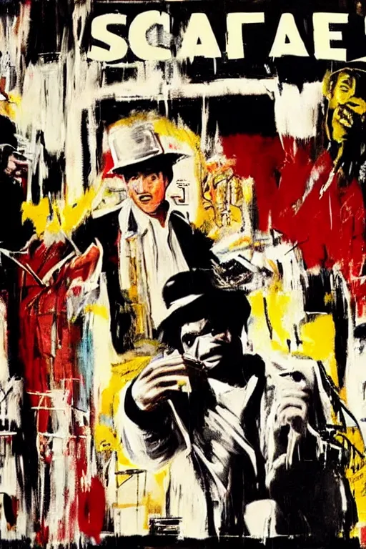 Image similar to scene from scarface movie, mafia, basquiat - style, retro - futuristic