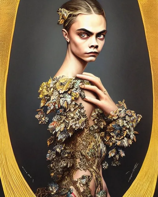 Image similar to portrait of cara delevingne wearing beautiful haute couture by Alexander McQueen, intricate, elegant, highly detailed, digital painting, artstation, concept art, smooth, sharp focus, illustration, art by artgerm and greg rutkowski and alphonse mucha