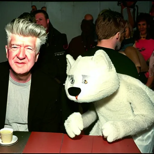 Prompt: David Lynch hanging out with fursuiters at a furry convention, 35 mm, film photo