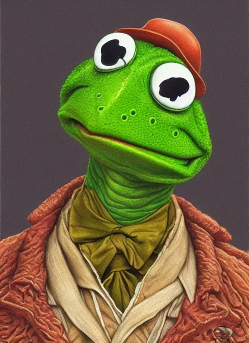 Image similar to portrait of Kermit the frog from Society (1989), intricate, highly detailed, centered, digital painting, artstation, concept art, smooth, sharp focus, illustration, artgerm, donato giancola, Joseph Christian Leyendecker, WLOP, Artgerm