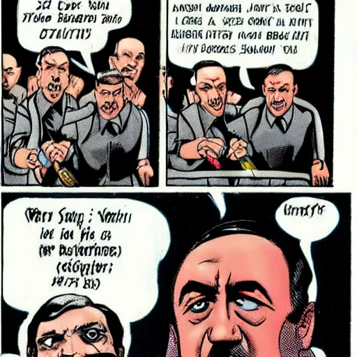 Image similar to comic book of angry jews with lightsabers and adolf hitler accurate eyes high detail