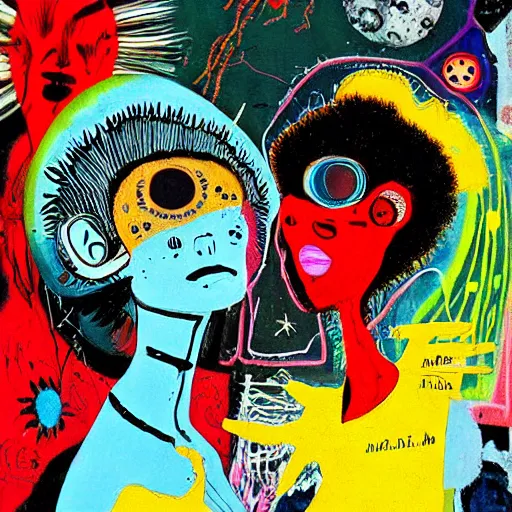 Image similar to beautiful painting of two bizarre psychedelic women kissing each other closeup on an alien planet, speculative evolution, mixed media collage by basquiat and junji ito, magazine collage art, paper collage art, sapphic art, lesbian art