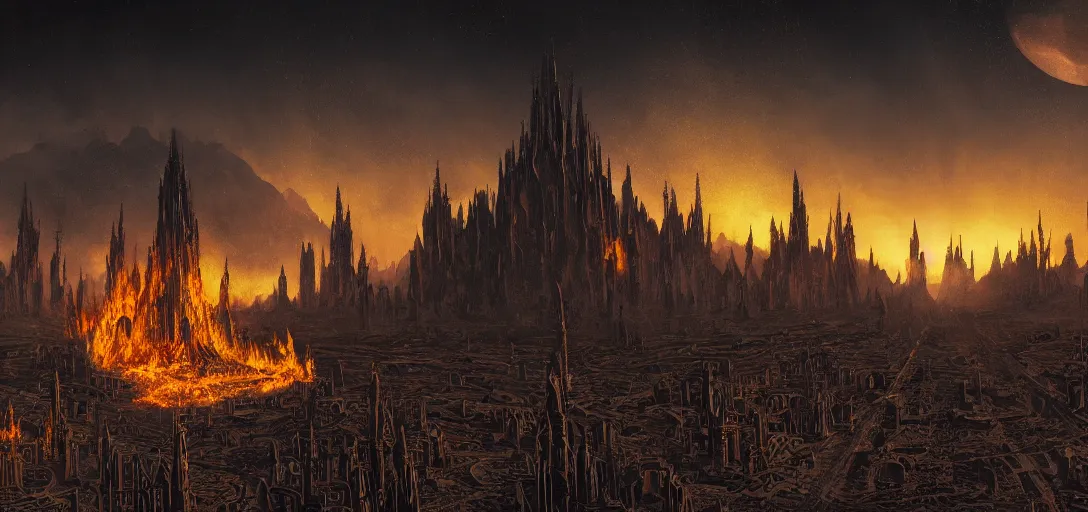 Prompt: divine cathedral made of fire, seen in the distance, on a desert planet, black smoke particles, dark colors, insanely detailed and intricate, golden ratio, elegant, ornate, unfathomable horror, elite, ominous, haunting, matte painting, cinematic, cgsociety, Andreas Marschall, James jean, Noah Bradley, Darius Zawadzki, vivid and vibrant, dark underground cave, in the graphic style of and Patrick Gleason, low key lighting, detailed art, trending on Artstation, sharp focus, comic art