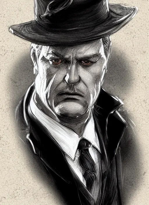 Image similar to a highly detailed illustration of 6 7 year - old clean - shaven chubby white man wearing black detective coat with necktie, heroic pose, strings background, intricate, elegant, highly detailed, centered, digital painting, artstation, concept art, smooth, sharp focus, league of legends concept art, wlop.