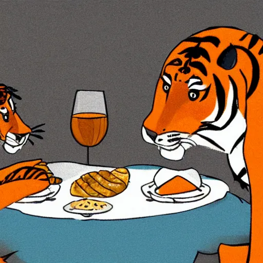 Prompt: a tiger and bear having dinner together table with wine and bread cartoon